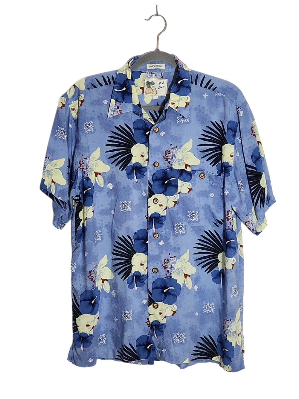 M.E. Sport Blue Floral Hawaiian Short Sleeve Shirt Size Large